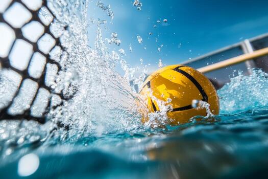 a-water-polo-ball-splashes-into-the-goal-during-a-competitive-match-under-clear-skies-at-a-sunny-outdoor-pool-photo